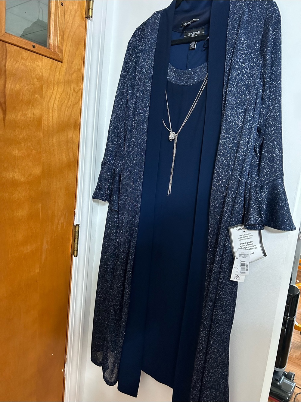 R&M Richards Navy Glitter Midi Dress with Sheer Sparkle Jacket